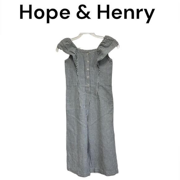Hope & Henry Girls Linen Organic Cotton Stripe Ruffle Trim Jumpsuit Gray Size 7